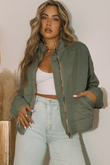Green Zip Up Pocket Quilted Cropped Jacket