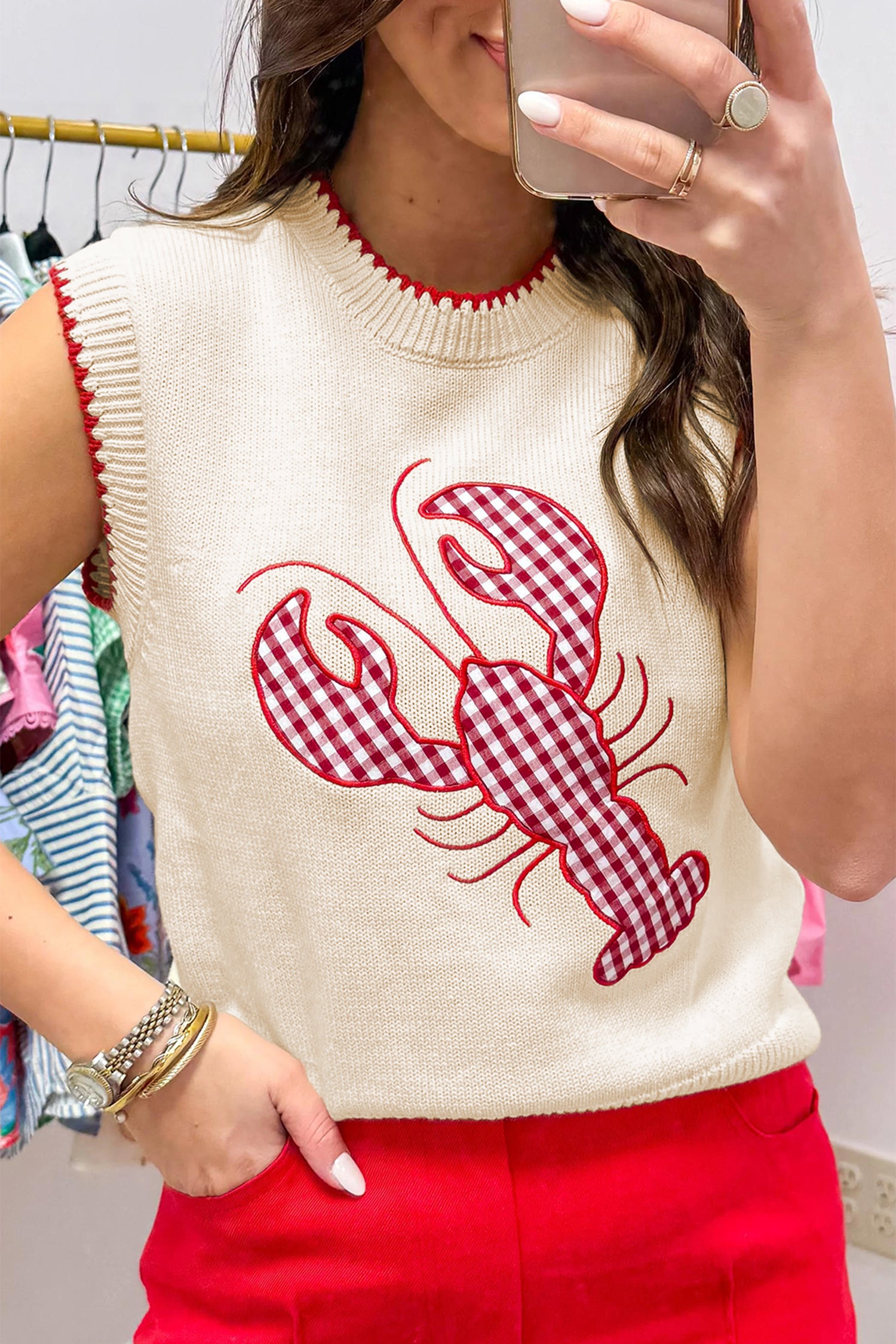 Beige Plaid Crawfish Crew Neck Knit Sweater Vest