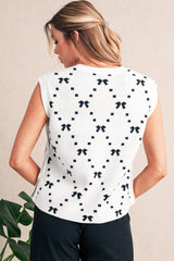 White Bow Pattern Buttoned Side Knit Top