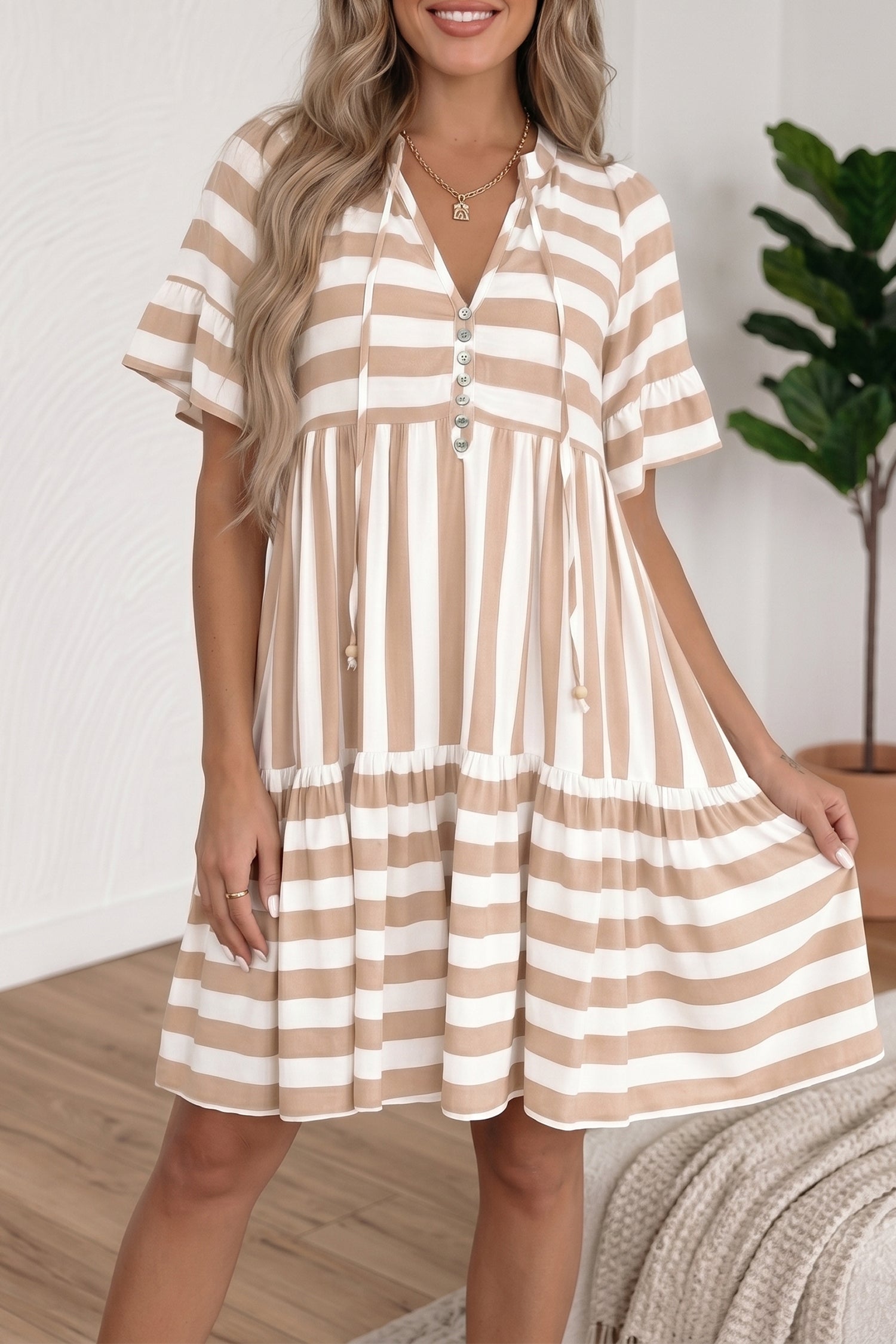 Khaki Stripe Tie V Neck Ruffle Trim Short Sleeve Flared Summer Dress