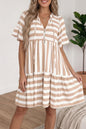 Khaki Stripe Tie V Neck Ruffle Trim Short Sleeve Flared Summer Dress