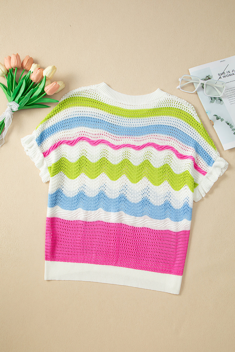 White Color Block Ruffled Short Sleeve Knitted T Shirt