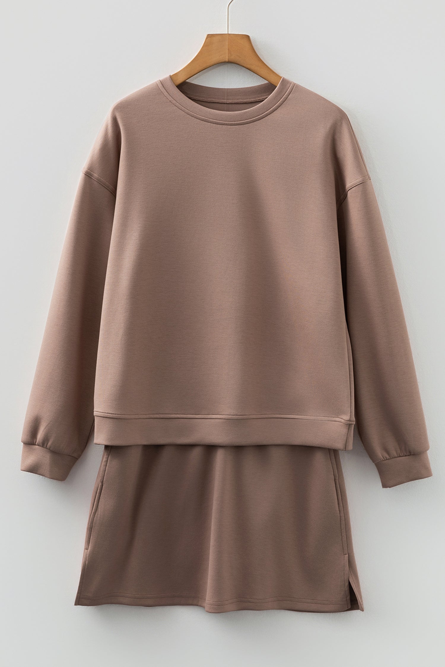 Coffee Solid Color Drop Shoulder Pullover Drawstring Mini Skirt Set