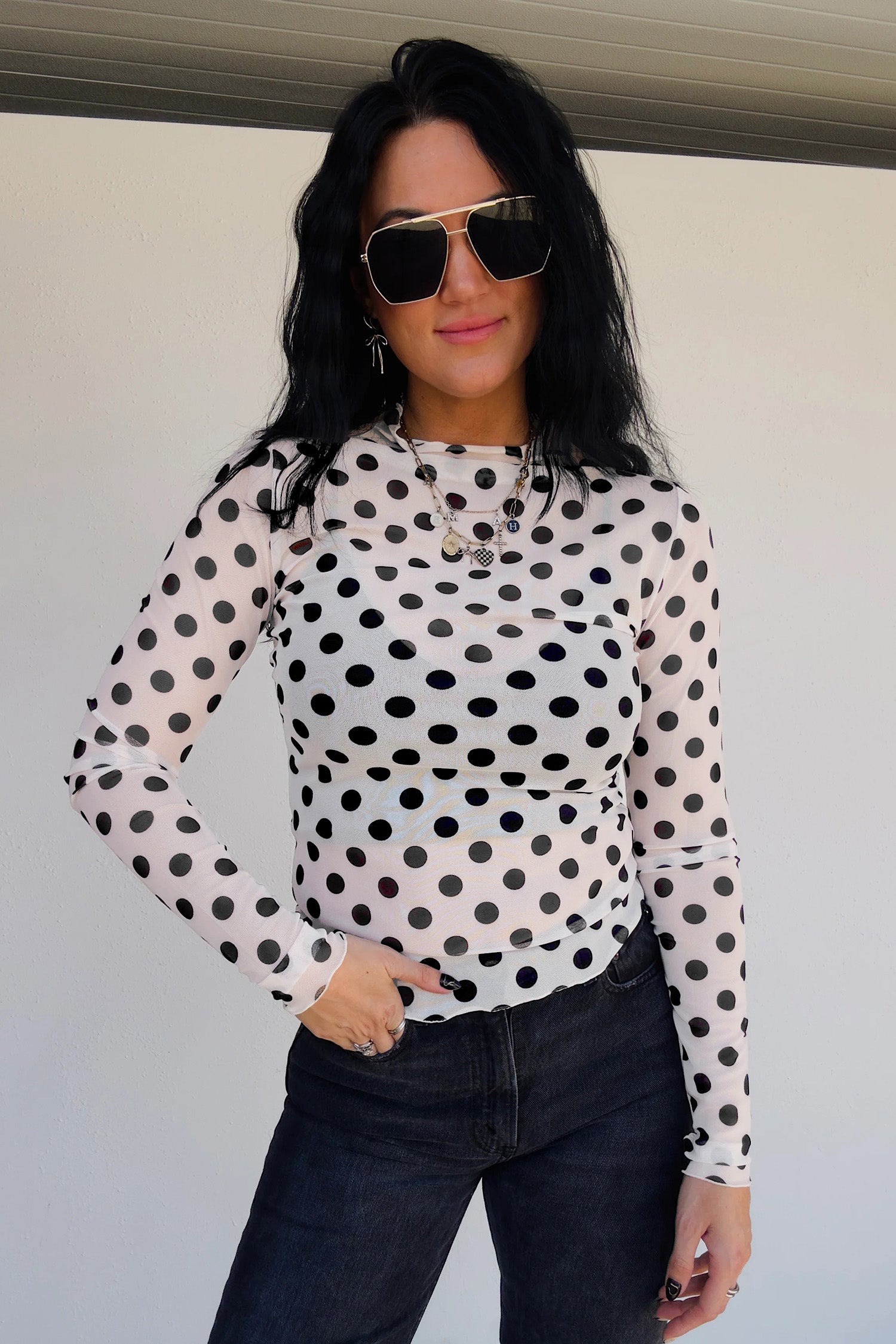 White polka-dot-mesh-top-ivory-black
