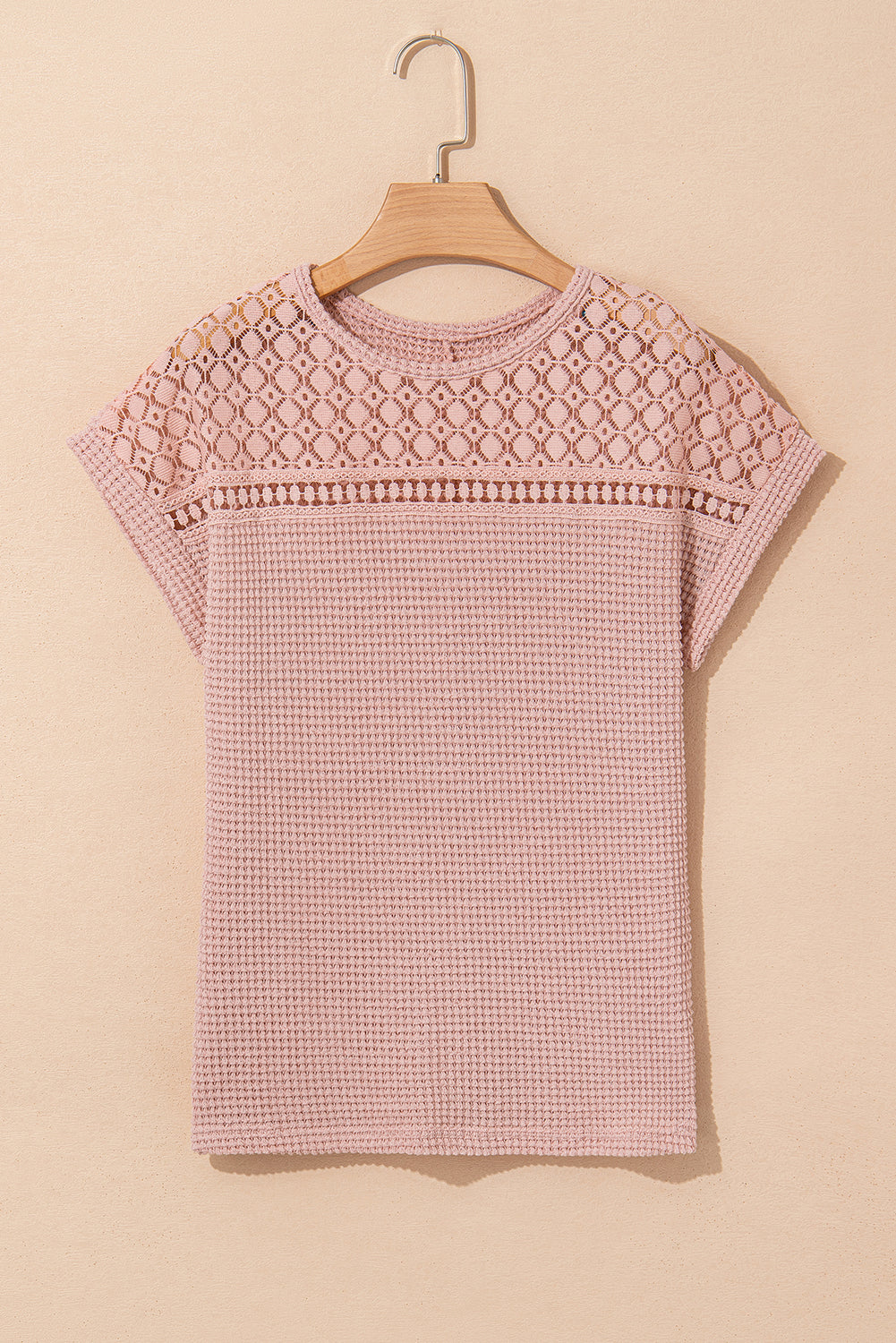 Light Pink Hollow Patchwork Waffle Knit Top