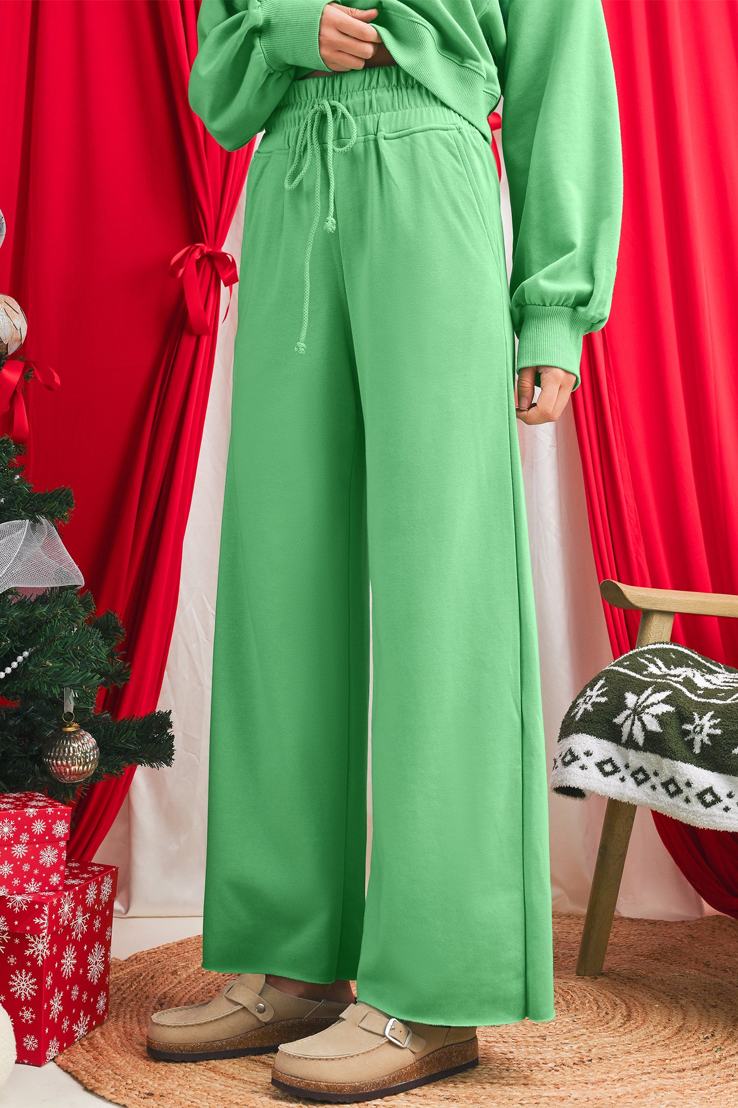 Bright Green Drop Shoulder Crop Pullover Drawstring Wide Leg Pants Set