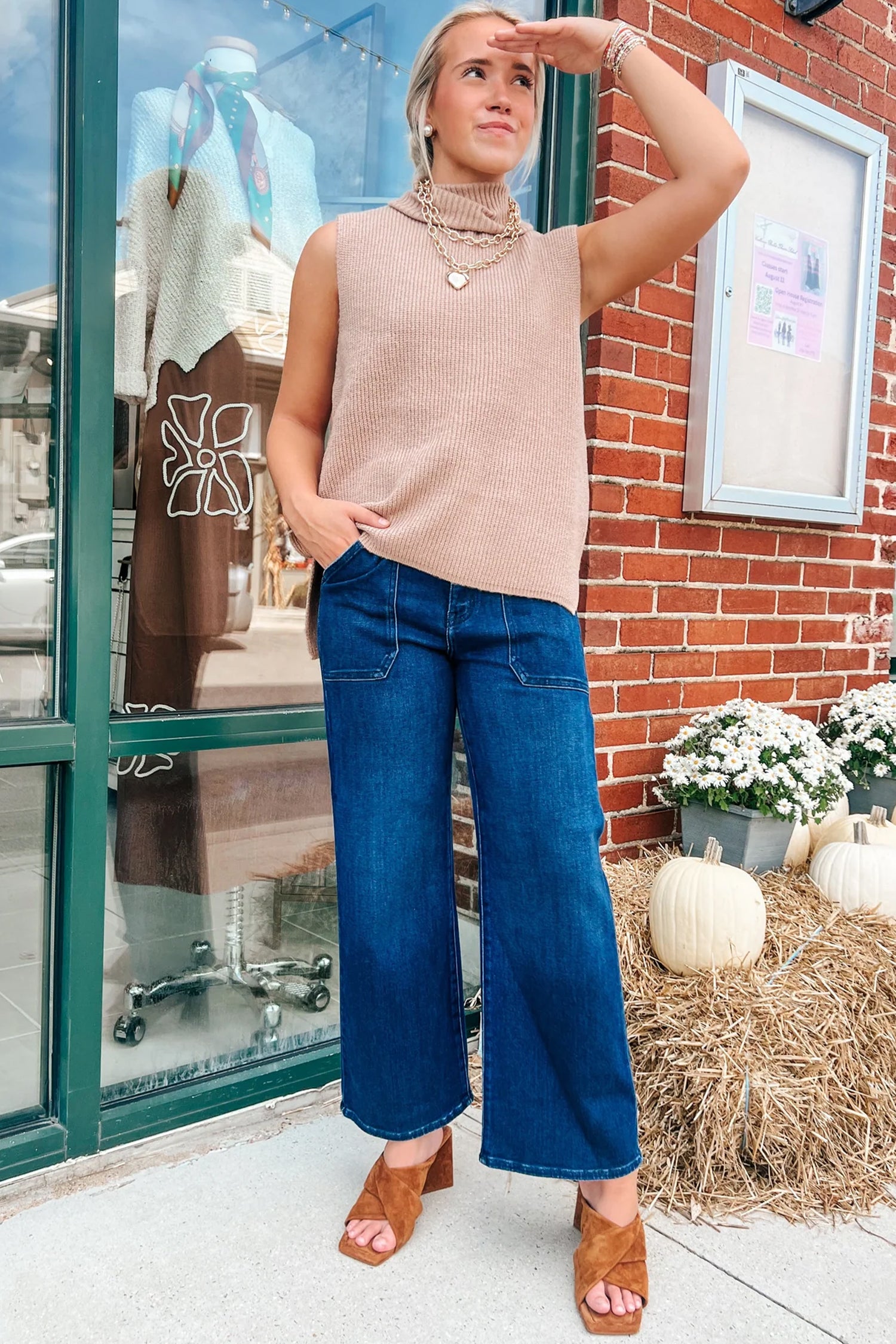 Light French Beige High Neck Sleeveless Knit Vest Regular Wash Hem Slit Casual Sweater Top