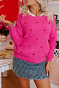 Rose Red Heart Pattern Drop Shoulder Round Neck Sweater