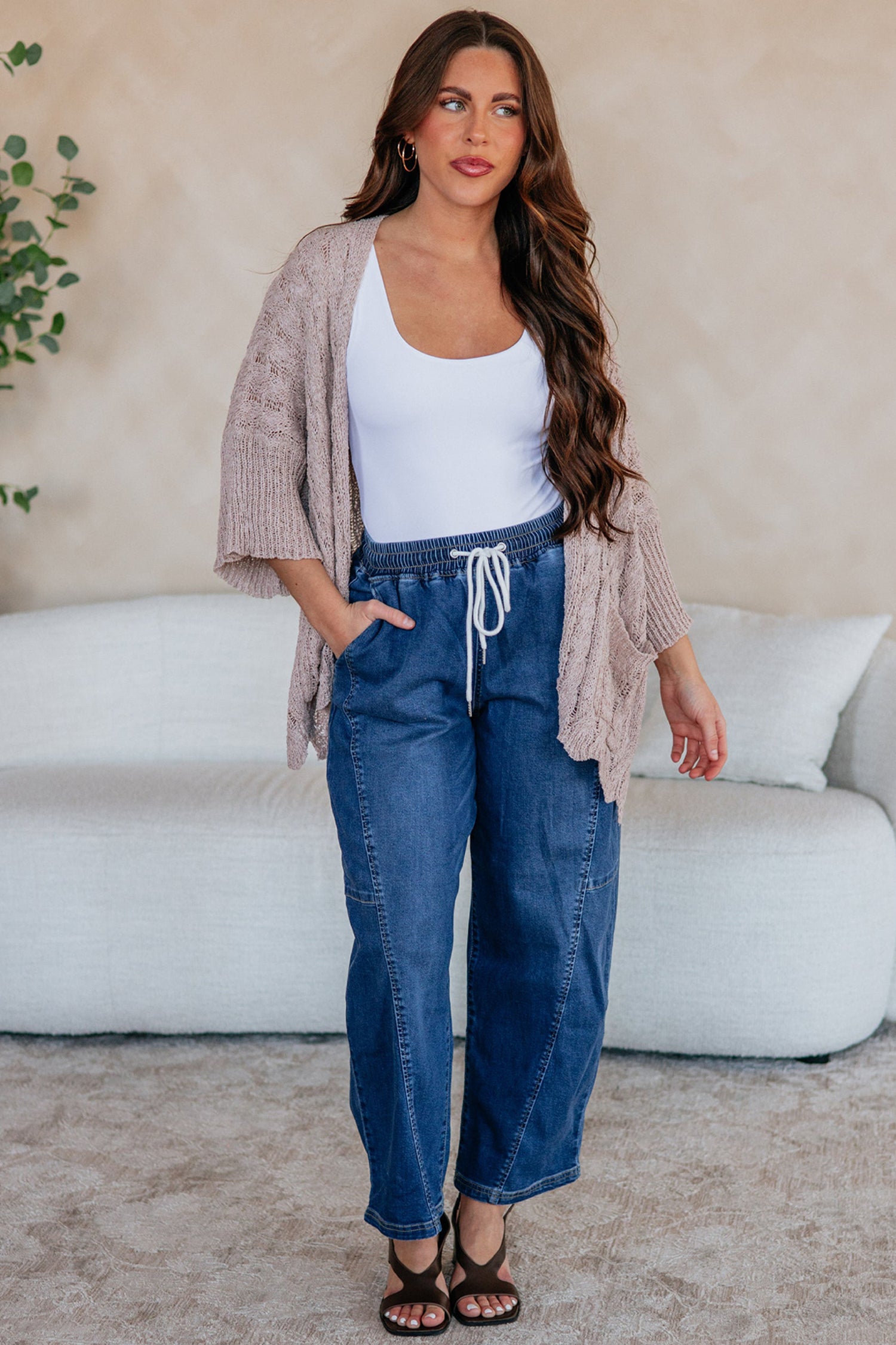 Old Rose Drop Shoulder Cut-Out Knit Cardigan Tunic