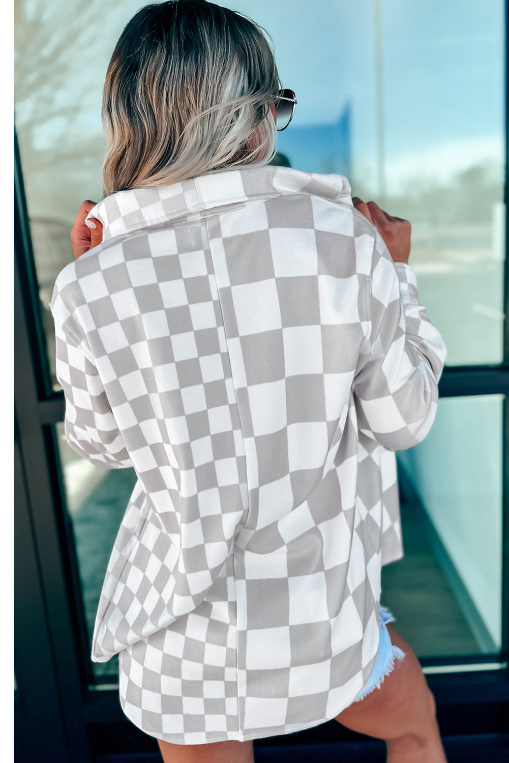 Khaki Checkered Button Down Casual Plus Size Jacket