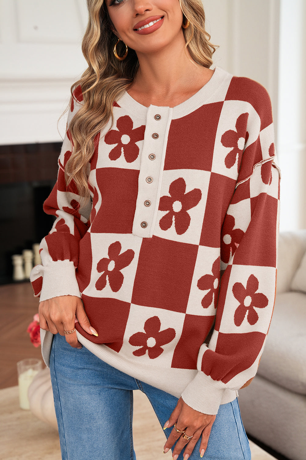 Red Dahlia Flower Colorblock Checkered Henley Sweater
