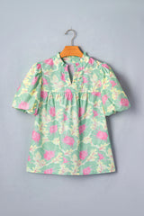Green Short Bubble Sleeve Summer Floral Blouse