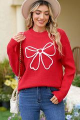 Fiery Red Braided Bow Pattern Sweater
