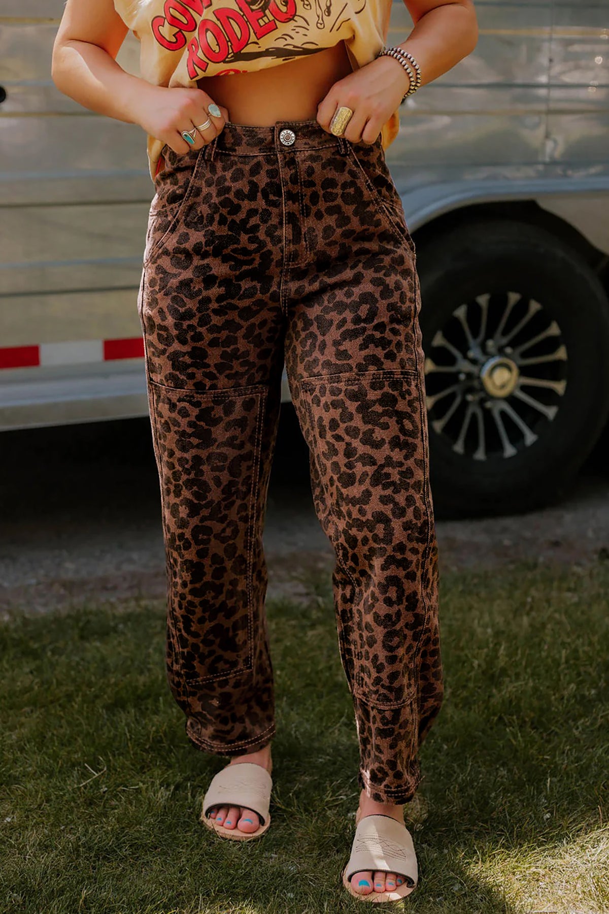 Brown Clear Seam Detail Patchwork Leopard Print Barrel Jeans