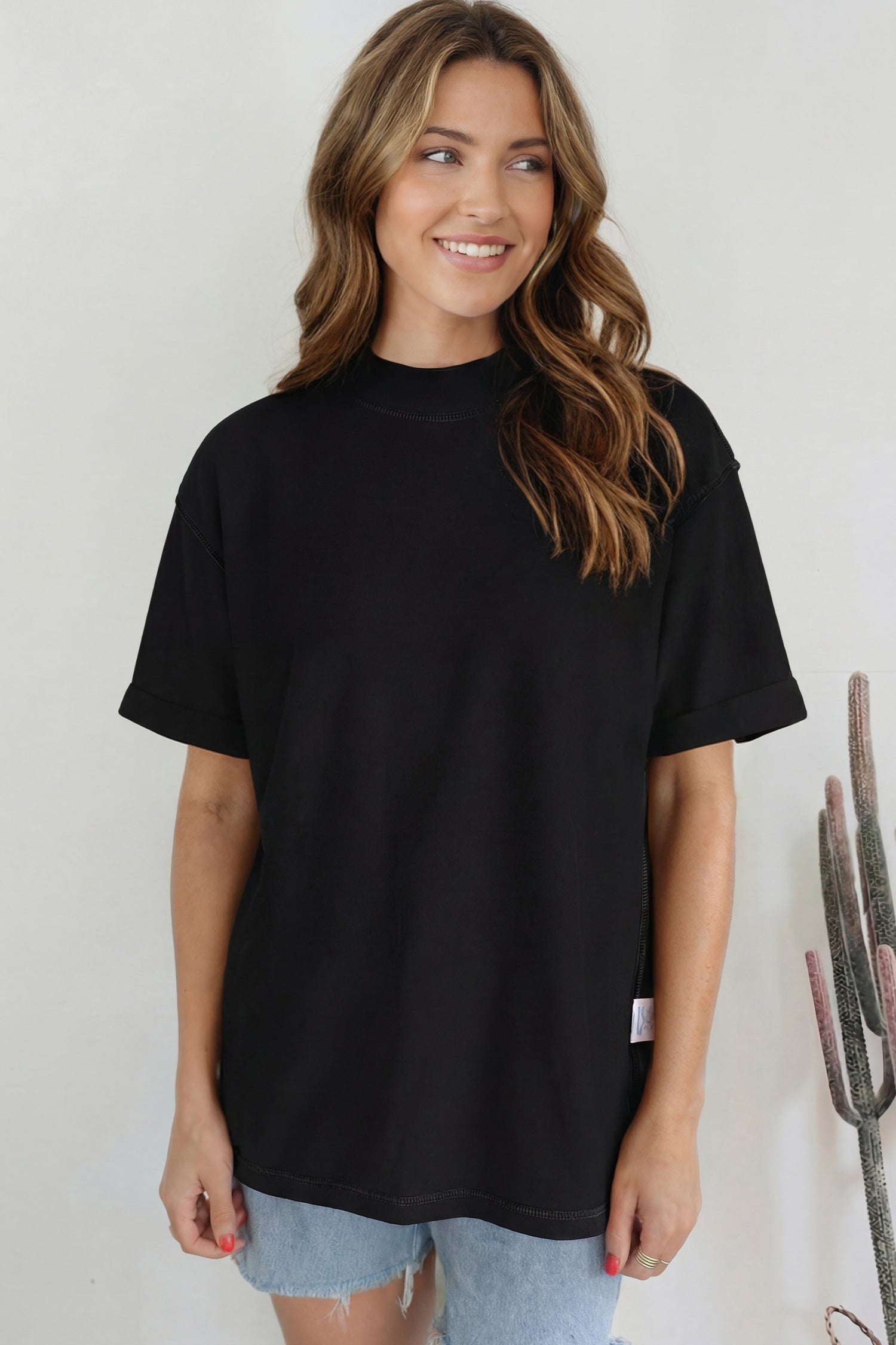 Black Solid Color High Neck Oversize Tee