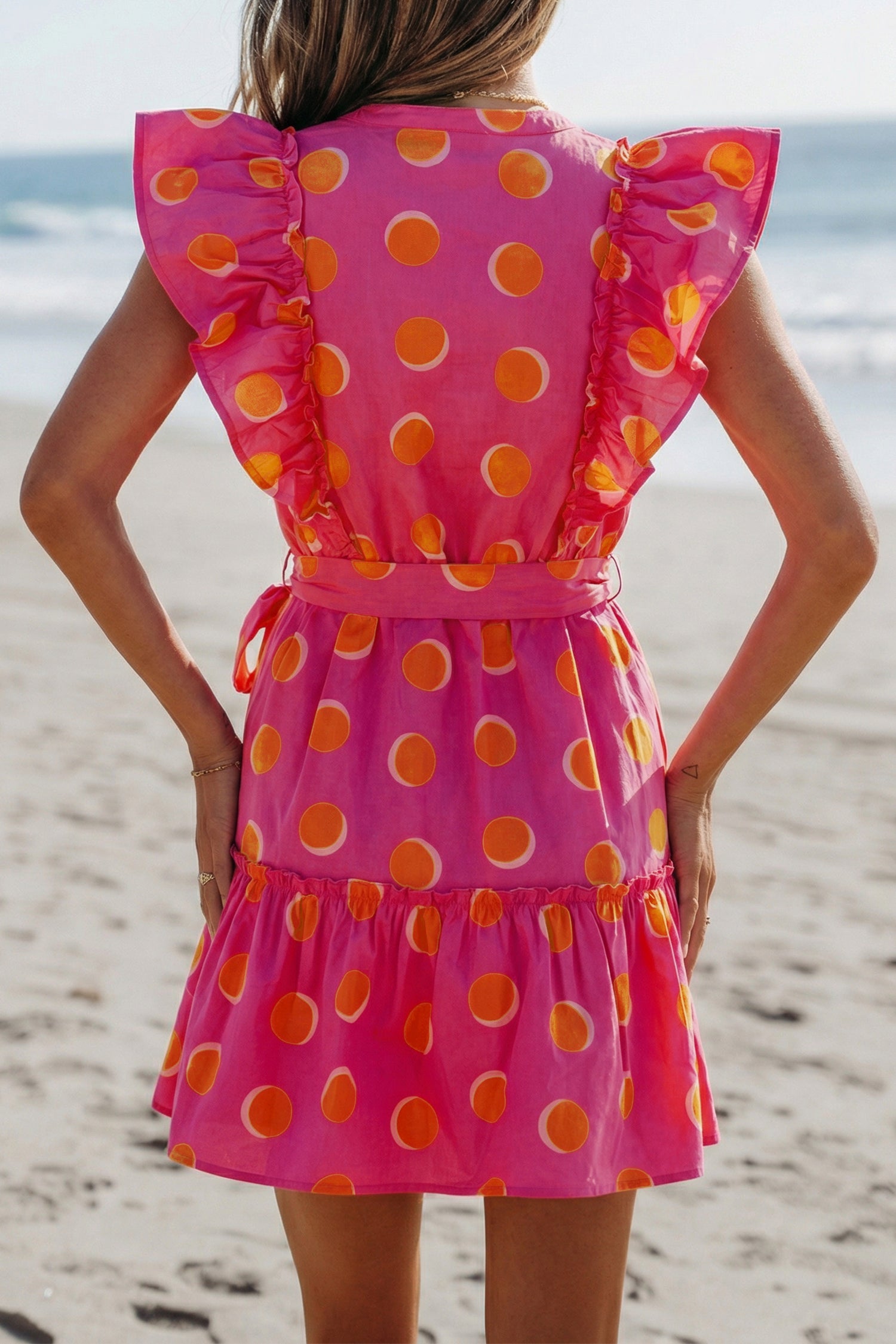 Rose Double Polka Dot V Neck Ruffled Short Sleeve Dress