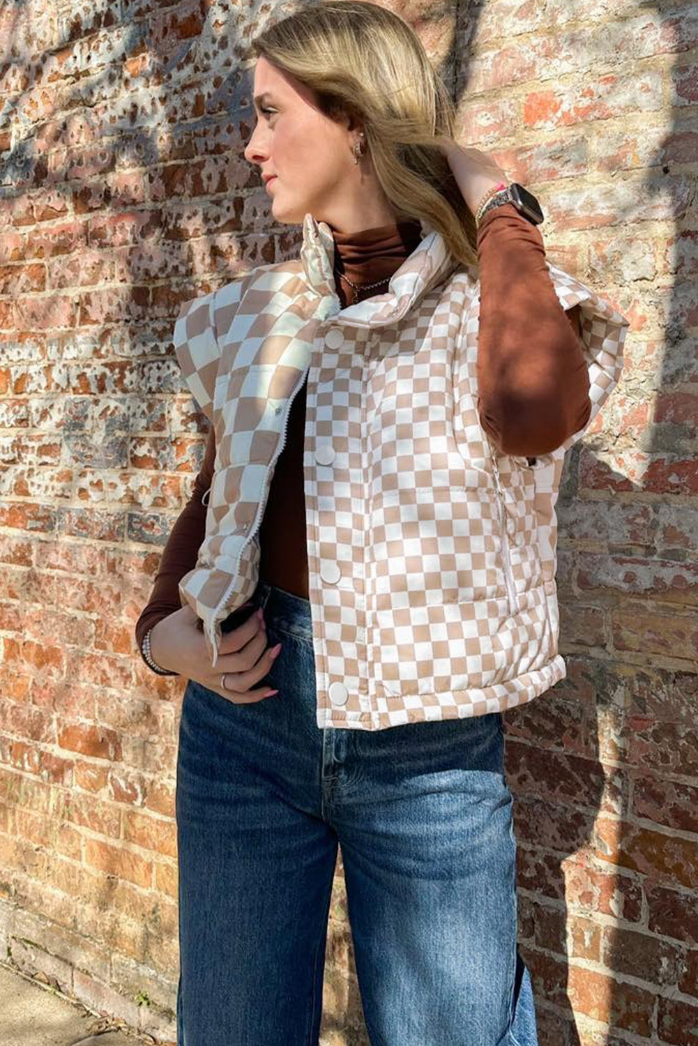 Khaki Plaid Stand Neck Button Down Vest