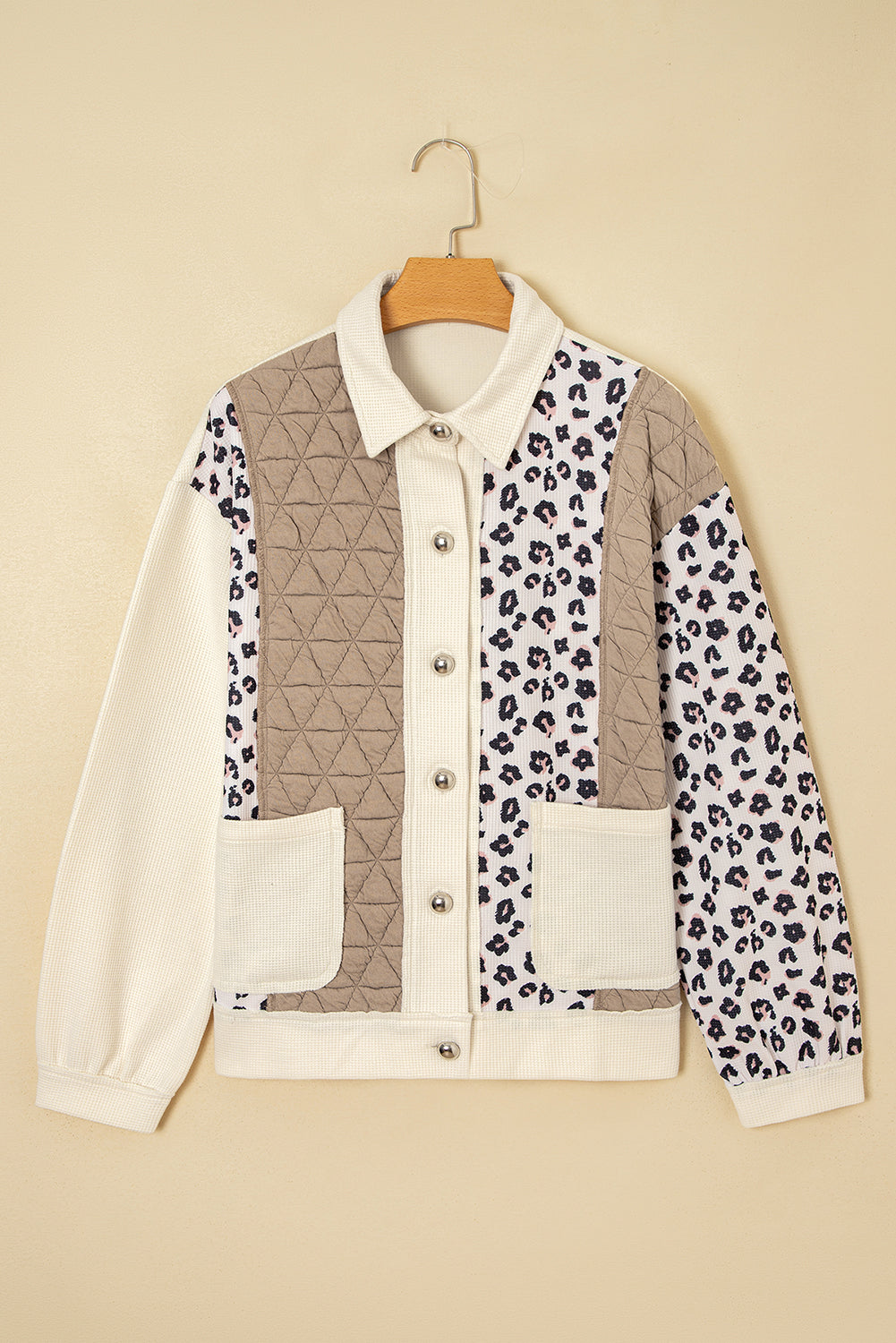 Khaki Leopard Waffle Quilted Patchwork Button Front Jacket