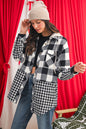 Black Plaid Patchwork Drawstring Hooded Raw Hem Shacket