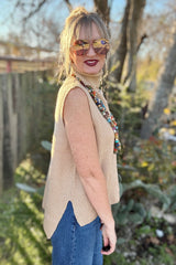 Light French Beige High Neck Sleeveless Knit Vest Regular Wash Hem Slit Casual Sweater Top