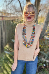 Light French Beige High Neck Sleeveless Knit Vest Regular Wash Hem Slit Casual Sweater Top