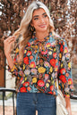 Black Floral Print 3/4 Puff Sleeve Frill Neck Blouse
