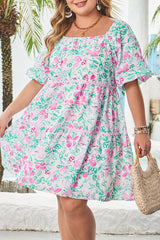 White Floral Print Ric-rac Trim Square Neck Plus Size Mini Dress