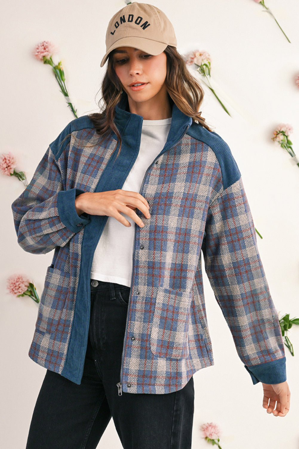 Gray Plaid Corduroy Patchwork Collared Zip Up Snap Button Jacket