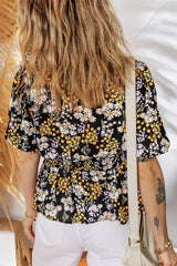Black Floral Print V Neck Smocked Babydoll Blouse