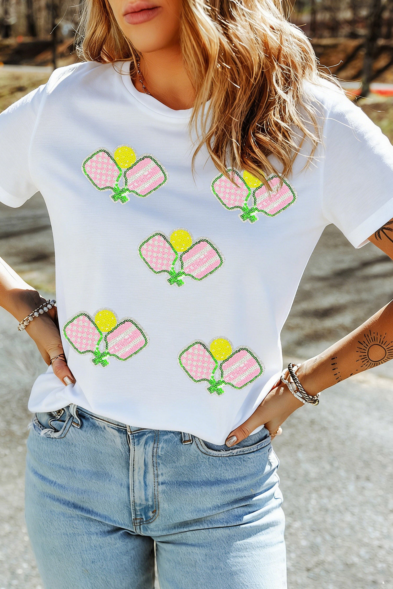 White Sequin Pickleball Graphic Summer Athleisure Tee
