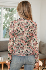 Black Retro Floral Print Mock Neck Mesh Long Sleeve Top