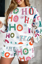 White Plus Size Christmas Ho Ho Ho Print Long Sleeve Top and Shorts Pajama Set