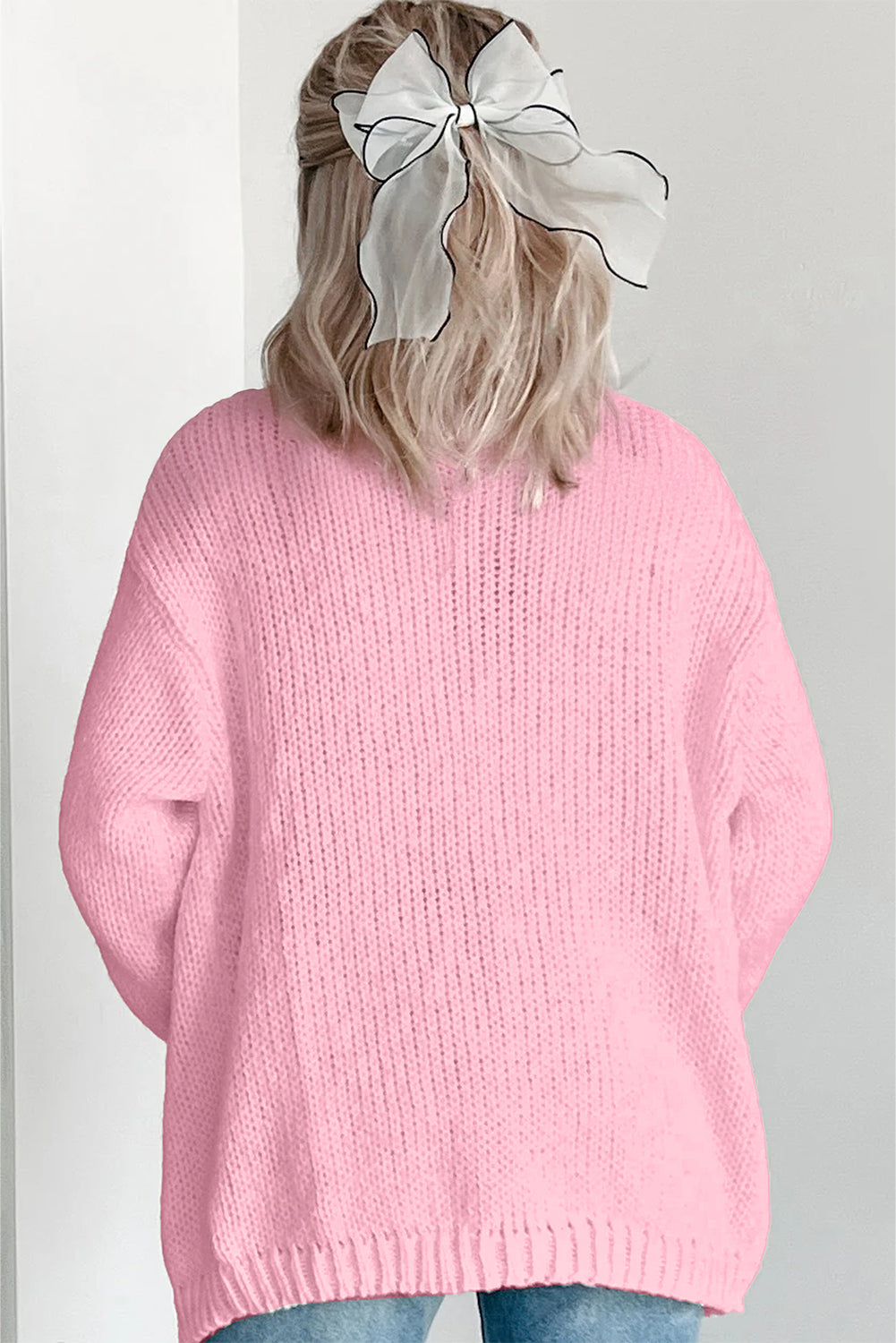 Light Pink Christmas Tree Print Open Front Drop Shoulder Knit Cardigan