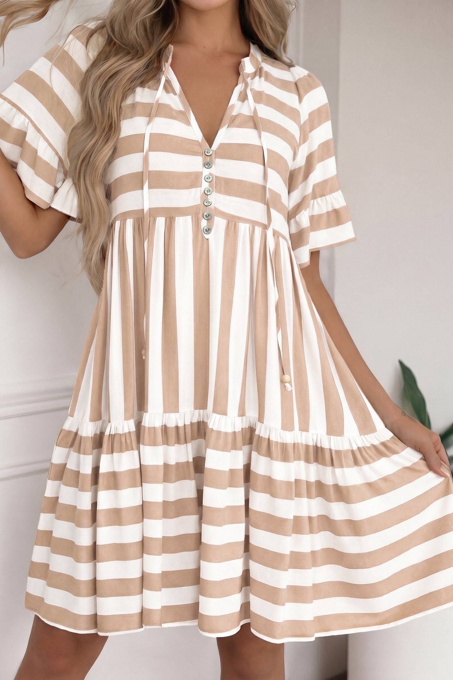 Khaki Stripe Tie V Neck Ruffle Trim Short Sleeve Flared Summer Dress