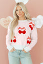 White Cherry Pattern Drop Shoulder Sweater