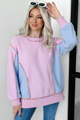 Orchid Bouquet Rainbow Stitching Balloon Sleeve Relaxed Sweater