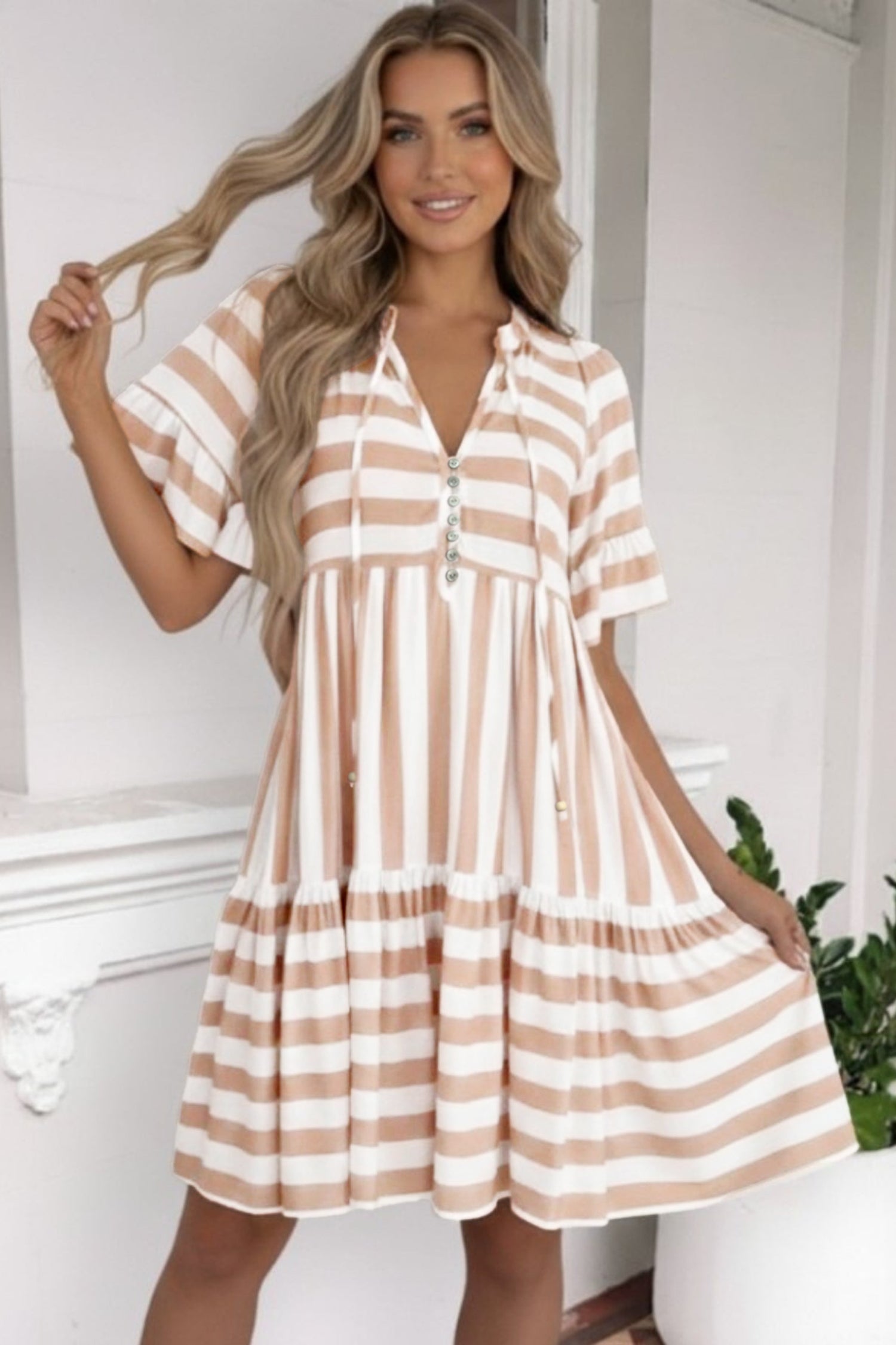 Khaki Stripe Tie V Neck Ruffle Trim Short Sleeve Flared Summer Dress