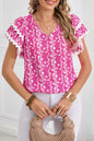 Pink Floral Print Ric Rac Tiered Ruffled V Neck Blouse