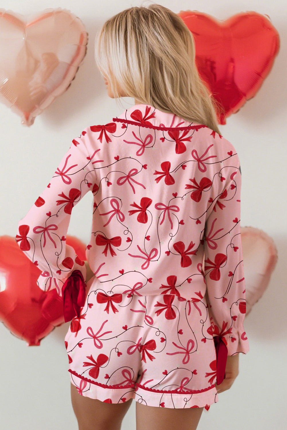 Red Bow Colorblock Long Sleeve Knot Pajama Set