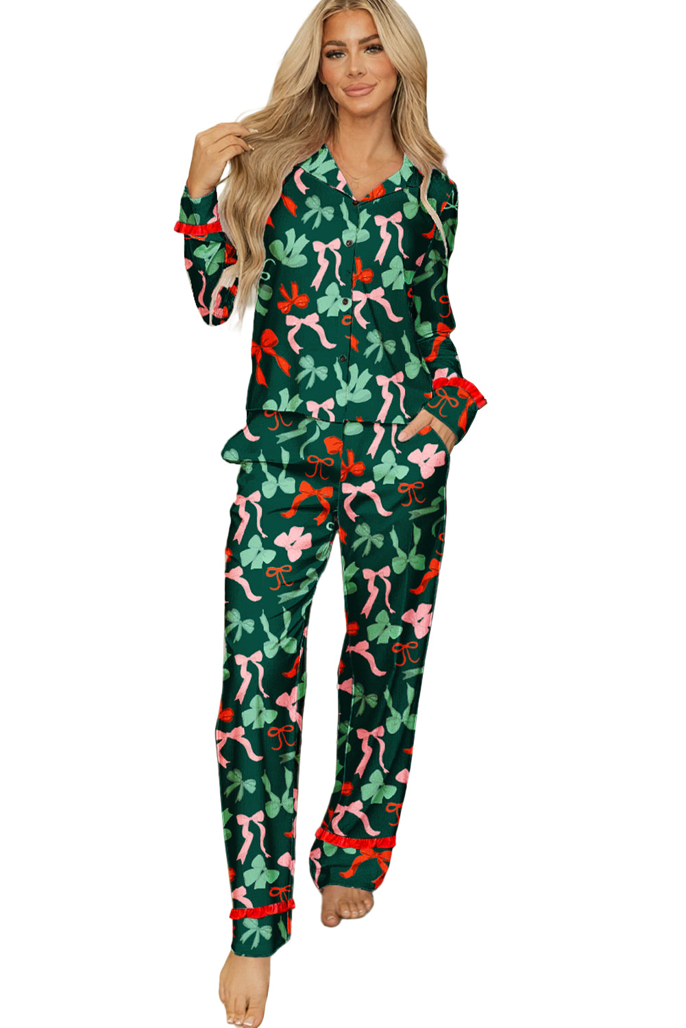 Green Christmas Bow Print Long Sleeve Pajama Set