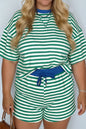 Green Stripe Boxy Tee Drawstring Elastic Waist Plus Size Short Set