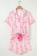 Pink Polka Dot and Bow Print Ruffle Hem Shorts Pajama Set