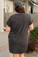 Carbon Grey Corded V Neck Plus Size Shirt Dress