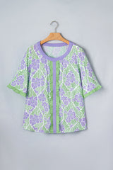 Purple Floral Print Ruffled Color Block Trim Half Sleeve Blouse