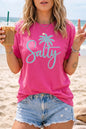 Rose Red Salty Palm Tree Printed Beach Vacation Casual T Shirt