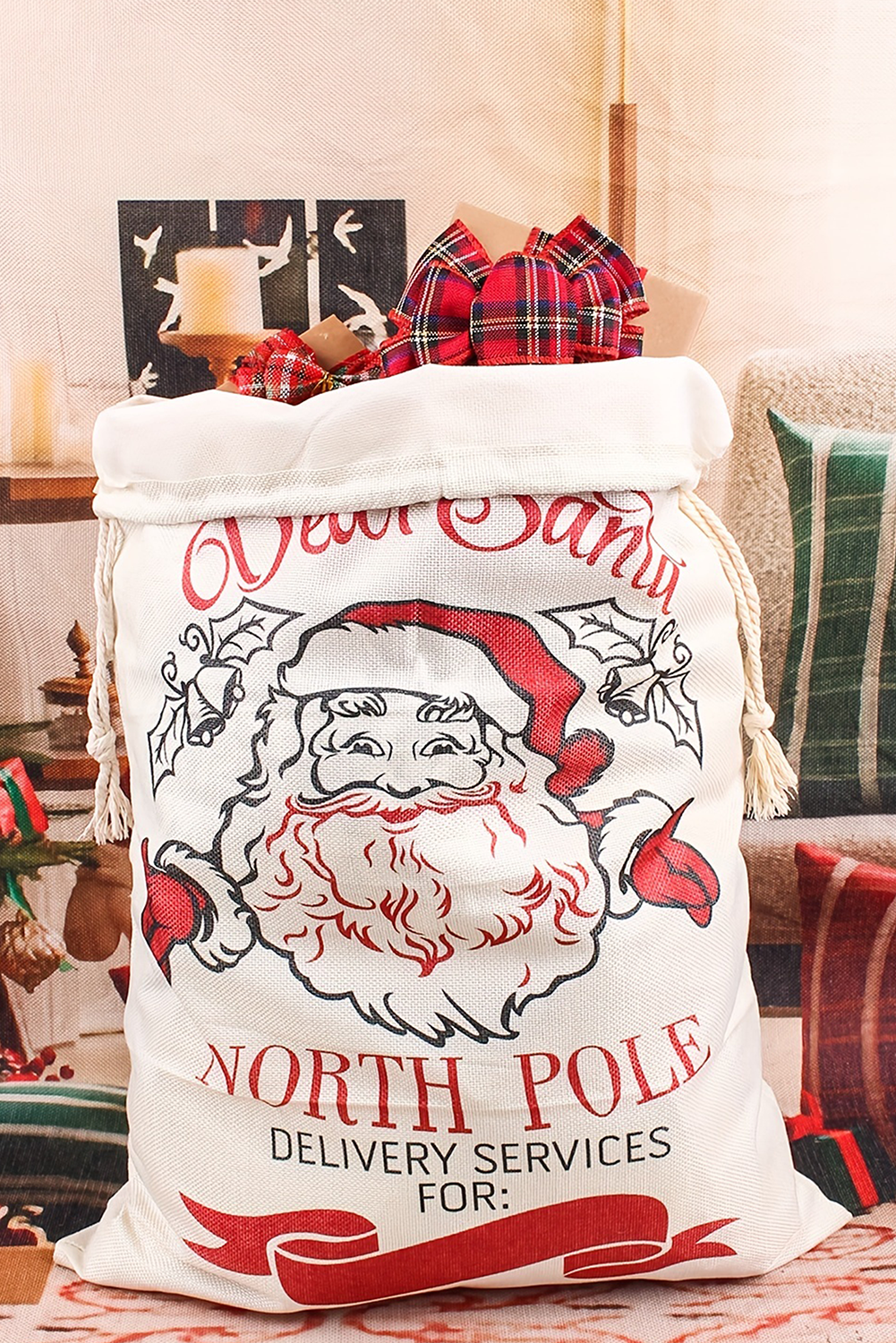 White Santa Claus Drawstring Closure Christmas Party Favor Gift Bag