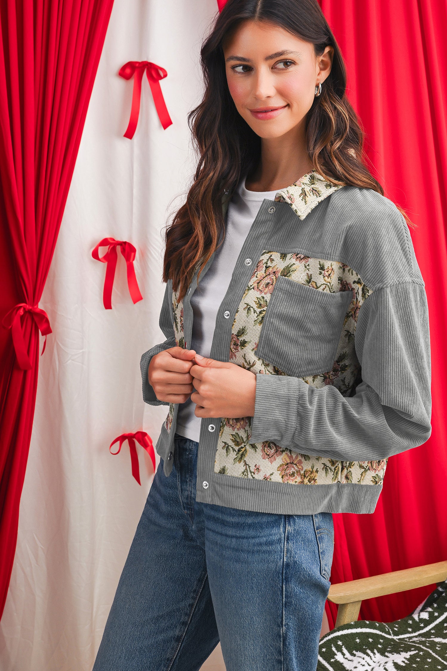 Medium Grey Ribbed Retro Floral Patchwork Jacket