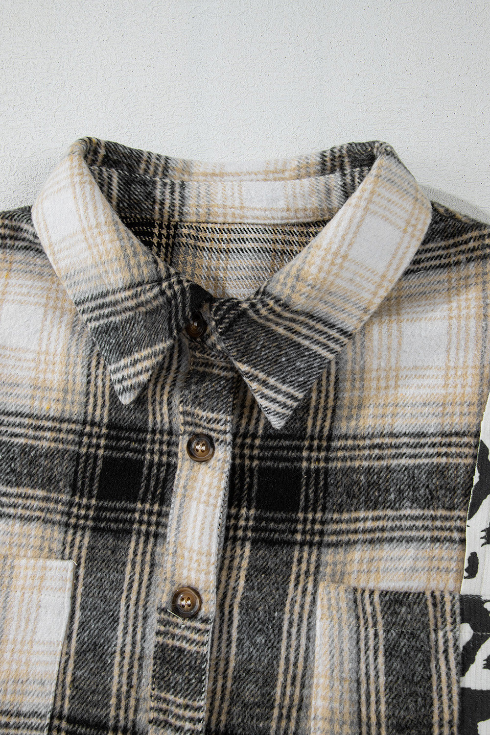 Black Plus Size Plaid Leopard Patchwork Raw Hem Shacket