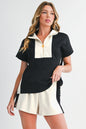 Black Colorblock Zipper Collar T Shirt and Shorts Set