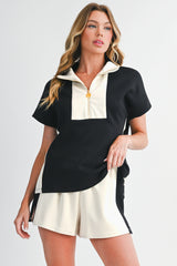 Black Colorblock Zipper Collar T Shirt and Shorts Set
